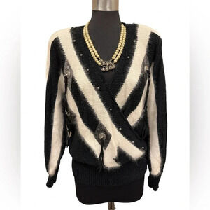 Vintage Susann D Black White Angora Blend Embellished Sweater Size Medium